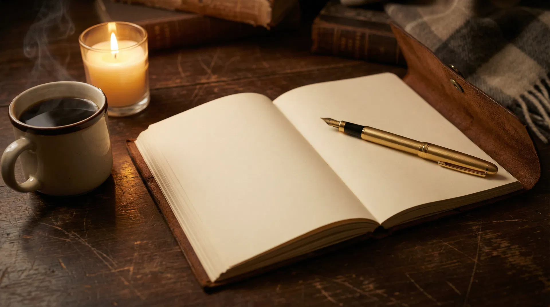 Journal, pen and candle in warm candlelight